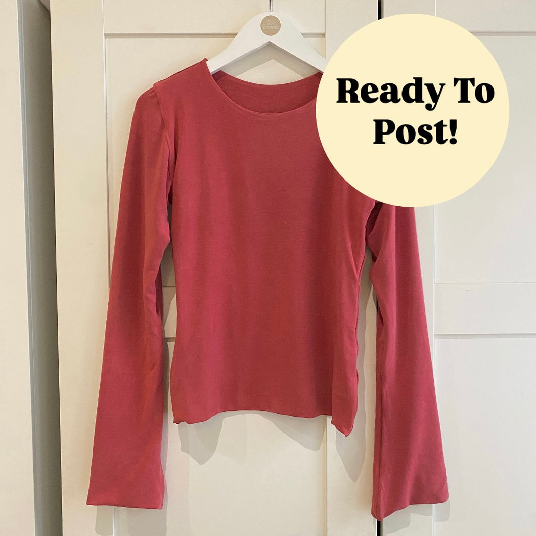 SIZE S / M Red Round Neck Flare Sleeve Tencel Lyocell Top