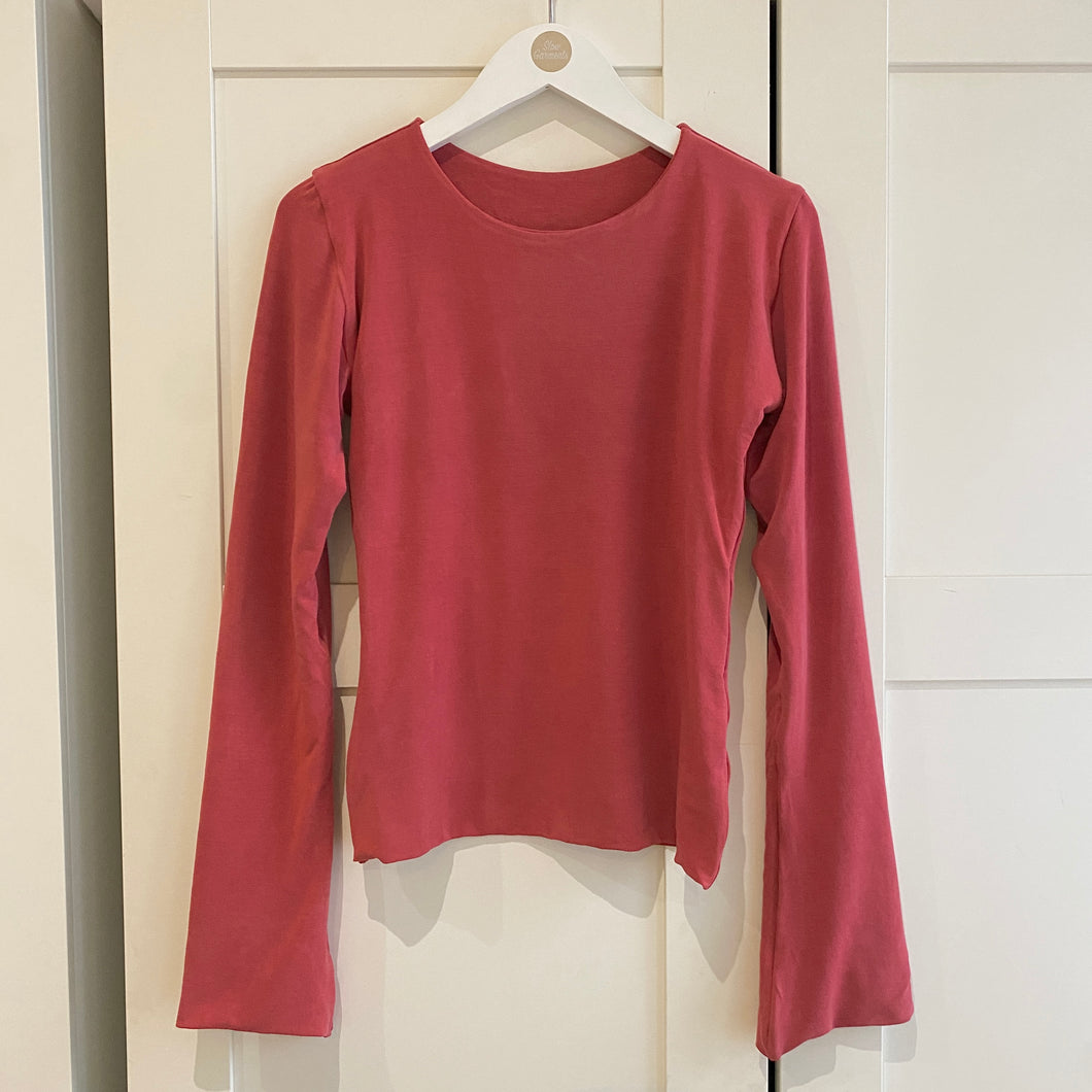 SIZE S / M Red Round Neck Flare Sleeve Tencel Lyocell Top